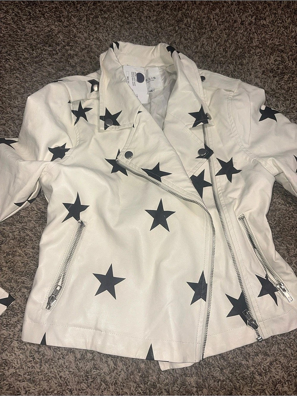 LE LIS Star Print Faux Leather Moto Jacket Small NWT